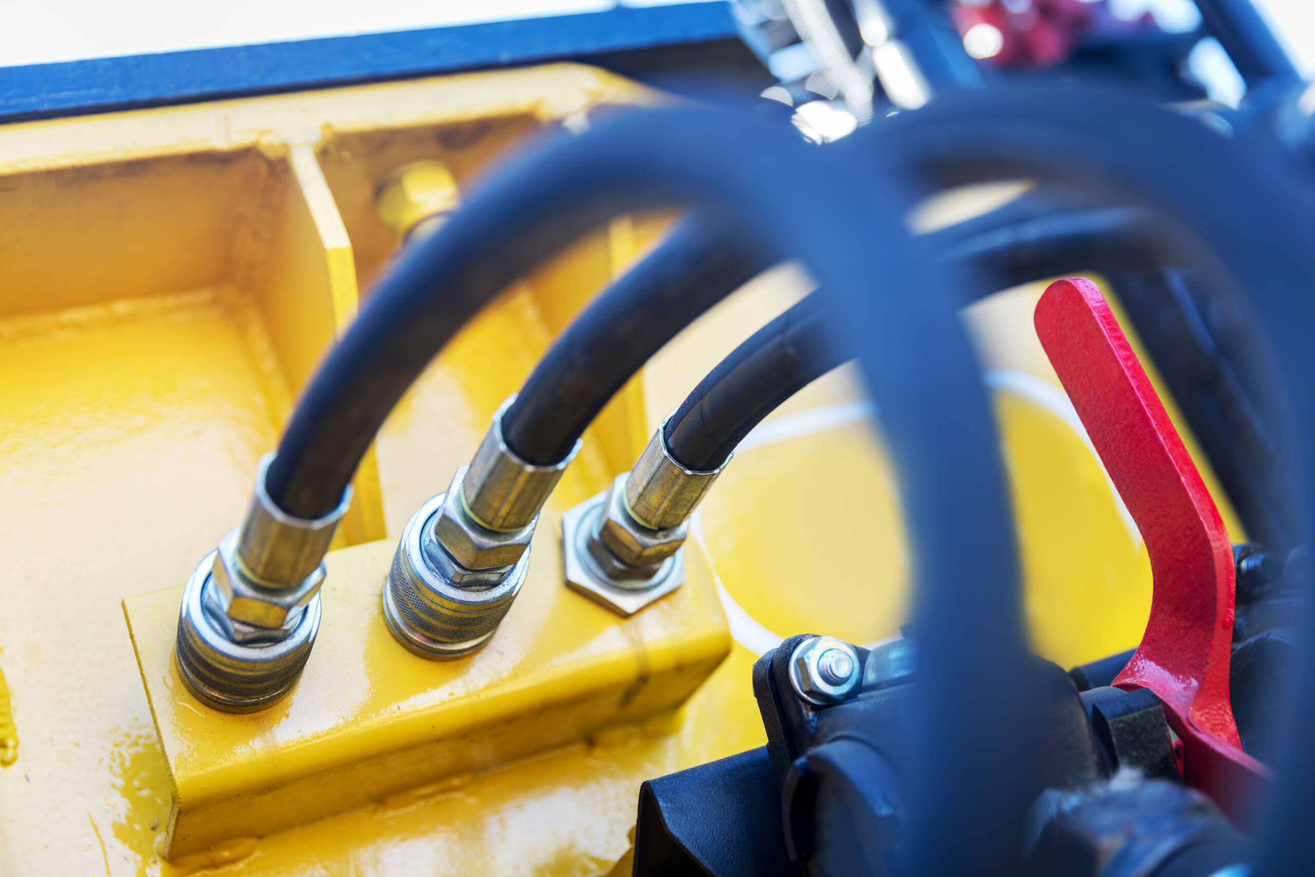 Blue rubber tubes machinery components. A close-up shot. Railway industry